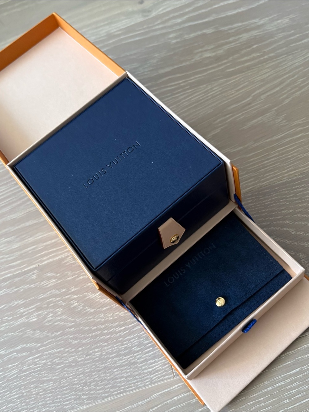 Louis Vuitton Navy Blue Leather Accessory Jewelry Box and logo pouch